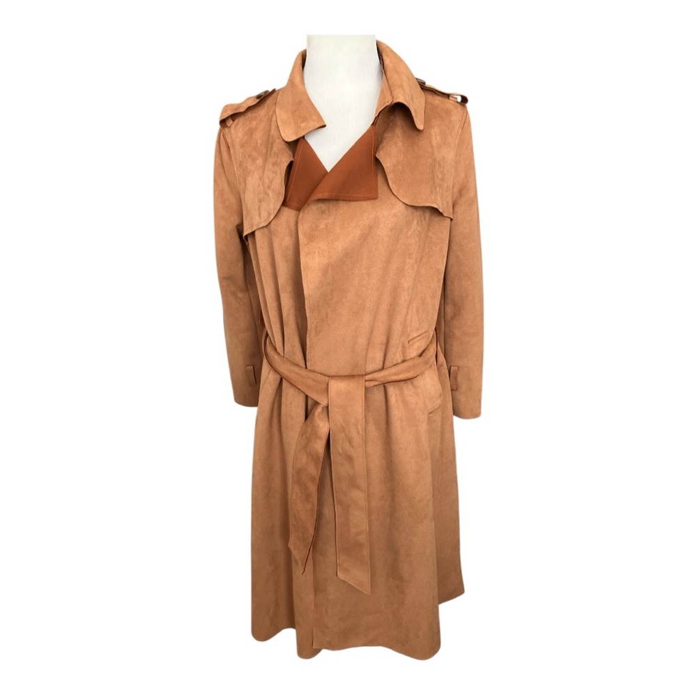 Few Moda  Long Brown Faux Suede Belted Trench Coat Pockets  Size  Medium